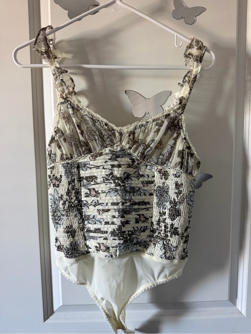 Free People Cream Floral Smocked Bodysuit Tank